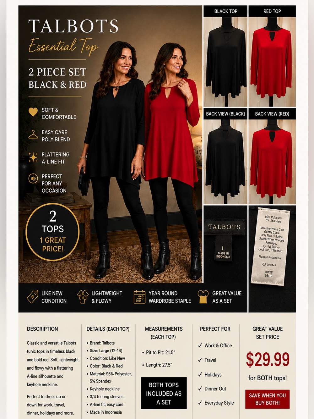 Talbots Black & Red Tunic Tops Set of 2 Large L Keyhole Long Sleeve